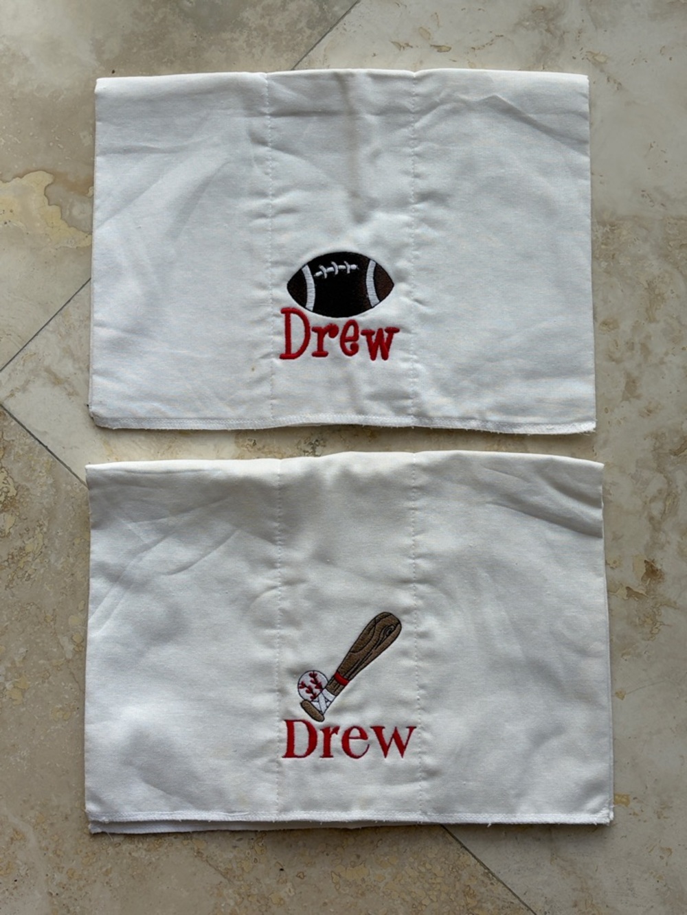 Personalized “Drew” Sports Embroidered Burp Cloths - White with Red Accent